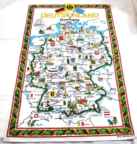 Deutschland Germany Map Souvenir Tea Towel - 100% Cotton