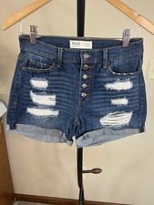 Mudd High Rise Midi Denim Shorts Button Fly Destressed Stretch Blue Juniors Sz 7