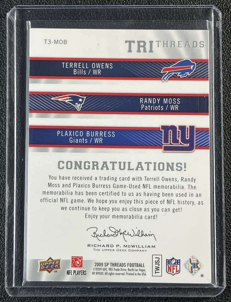 TERRELL OWENS RANDY MOSS PLAXICO BURRESS 2009 SP THREADS TRIPLE GU JERSEY 03/99 - Image 2 of 2