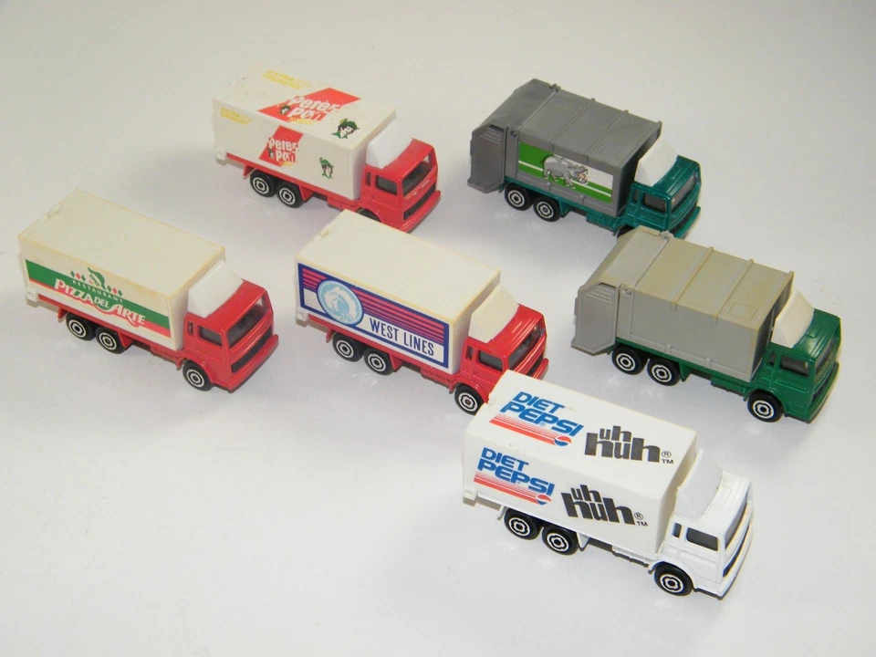 (6) VINTAGE ~ MAJORETTE BOX / GARBAGE TRUCKS: PEPSI, PETER PAN, PIZZA, ETC. - Image 2 of 4