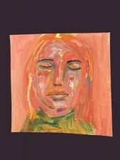 Portrait Painting 8x8 Naive Meditating Woman Expressive Original Art Miz Katie