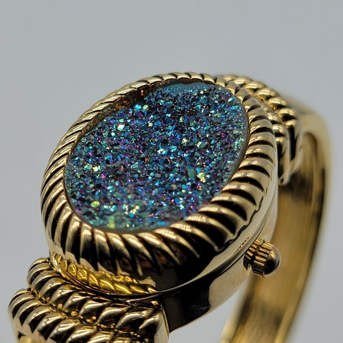 Gem Essence Women Watch 22mm Blue Drusy Cover Gold Tone Cuff Band New Battery - Picture 10 of 17