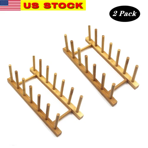 2x Bamboo Wooden Dish Rack Plate Stand Pot Lid Holder Cabinet Organizer Kitchen