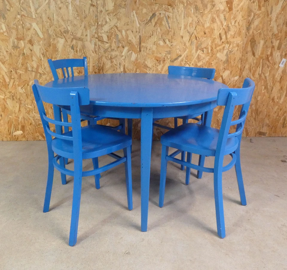 table à manger ronde avec 4 chaises et 2 rallonges bleu vintage - Photo 2/4