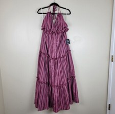 Lulu's Halter Maroon Striped Maxi Tiered Dress