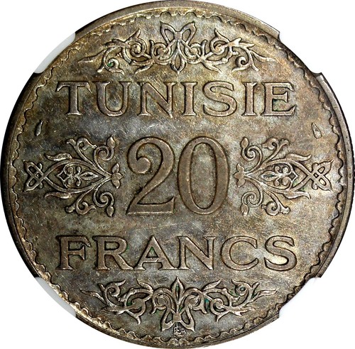 TUNISIA Silver AH1353 1934 20 Francs NGC UNC DETAILS 35mm KM# 263 (01) - Picture 5 of 5