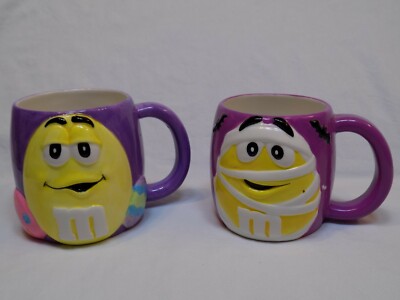 M&Ms M& Ms Candy Ceramic Coffee Set Mug Purple Yellow Mummy Halloween Easter LOT