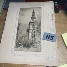 Bow Church London by F. Robson Antique 1900s mounted etching Signed