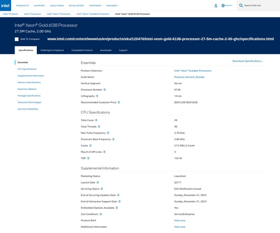 Intel Xeon Gold 6138 Prozessor SR3B5 20 Core 27,5 MB L3 Cache 2.00 GHz FCLGA3647 - Bild 2 von 3