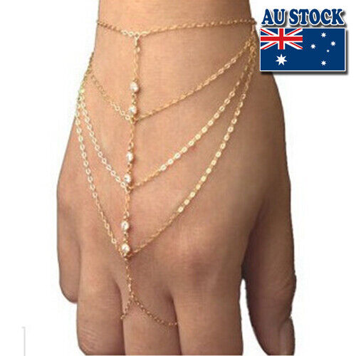 Women Gold Multi Chain Tassel Bracelet Bangle Slave Finger Ring Hand Harness