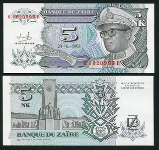 Congo Zaire 5 nouveaux makuta 1993.06.24. Mobutu P48 Signature 9 UNC