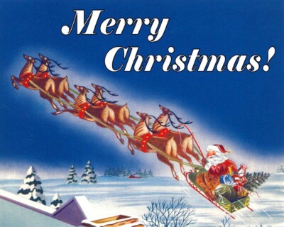 MERRY WHITE CHRISTMAS SANTA CLAUS FLYING REINDEER SLEIGH VINTAGE POSTER REPRO