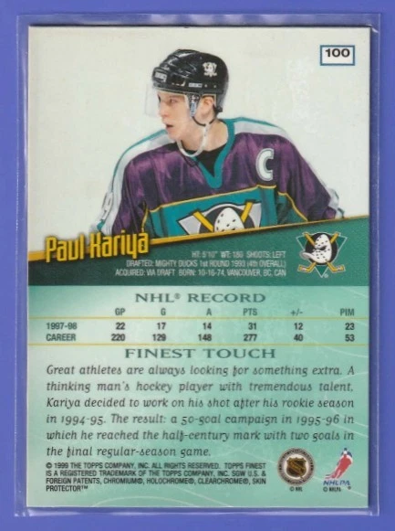 1998-99 Topps Finest - Paul Kariya #100 Anaheim Mighty Ducks w/protector - Image 2 of 2