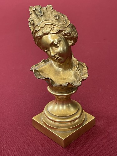 Bronze Doré Buste Femme Couronnée Fabrication Ancienne - Foto 1 di 24