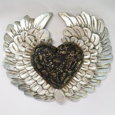 Mexican Sacred Heart Silver Foil Wings Milagros Carved Wood 9" Wall Decor