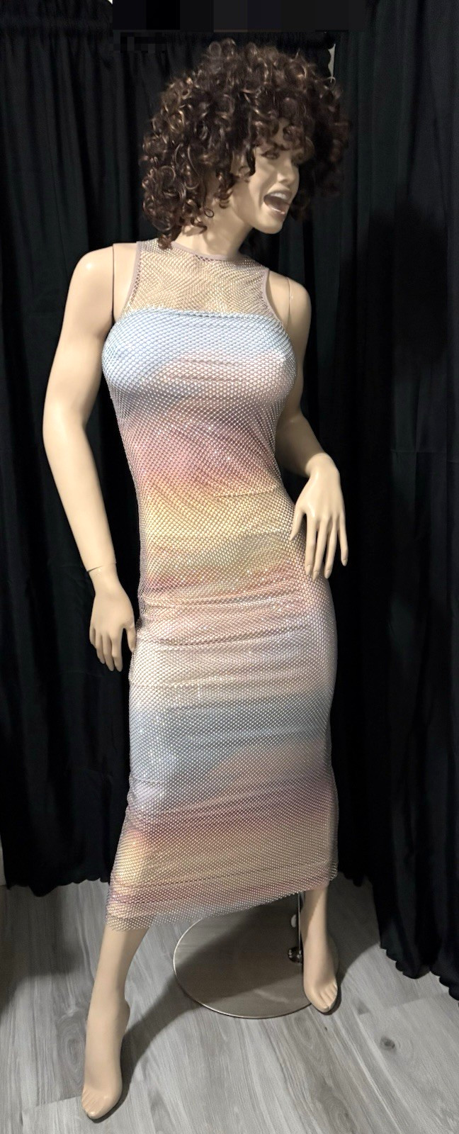 ZARA SPARKLY SLEEVELESS BEIGE W/TINY COLORED RHINESTONE MAXI MESH DRESS S NEW thumbnail 2