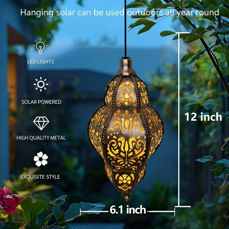 Luces solares colgantes decoración exterior linterna solar de metal para patio jardín Foto 4 de 4