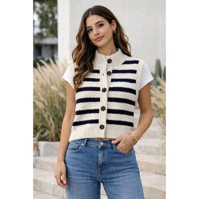 Massimo Dutti Striped Knit Button Front Sweater Vest Nautical Preppy Parisian M
