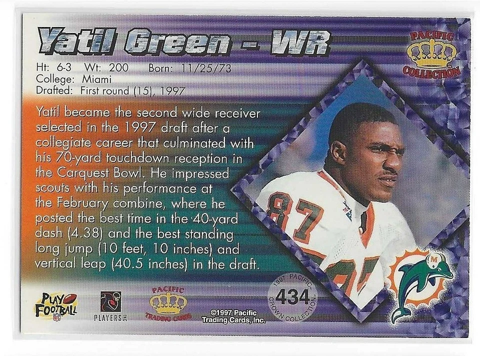 YATIL GREEN 1997 PACIFIC COPPER ROOKIE RC MIAMI DOLPHINS $1.99 ROOM - Image 2 of 2