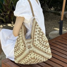 Summer Starry Lattice Panel Openwork Crochet Raffia Bag Shoulder Tote Cream/Tan