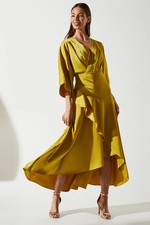 Coast Womens Midi Dress Olive Satin Back Crepe Ruffle Wrap Elegant Occasion