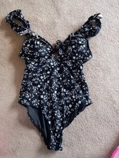 H&M Swimsuit Uk S EURO 38  Black White Frilly Flowers