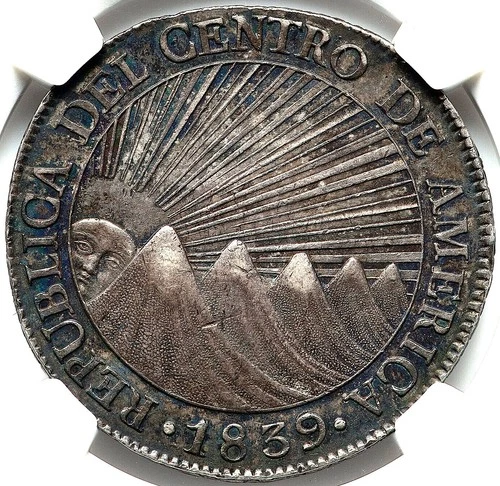 Guatemala, Central American Republic 8 Reales 1839/7-NG MA, NGC AU-55. Overdate