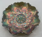 SUPER VINTAGE CARNIVAL FENTON GREEN HOLLY RUFFLED BOWL “AWESOME IRIDESCENCE”