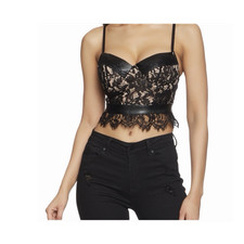 Women  s Black Floral Lace Faux Leather Bustier Corset Top Demi Cup M