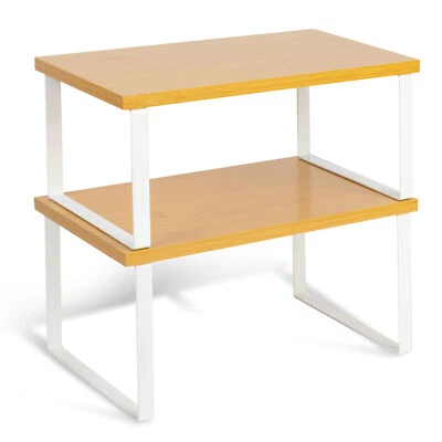 HEFTMAN Kitchen Cupboard Shelf Organiser Stackable Natural & White Set of 2