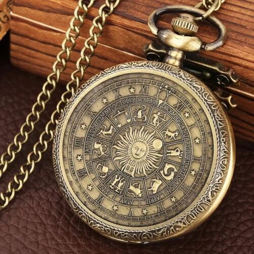 Vintage Bronze Memorial Pocket Watch Quartz Lucky Horoscope Sun Necklace Gift - Picture 1 of 6
