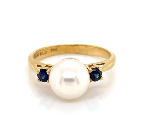 Tiffany & Co. Pearl & Sapphire 18k Yellow Gold Ring - Size 5