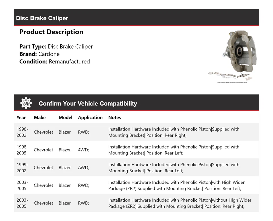 Pinza de freno de disco Cardone para Chevrolet Blazer 1998-2005 1999 2000 2001 2002 Foto 2 de 4