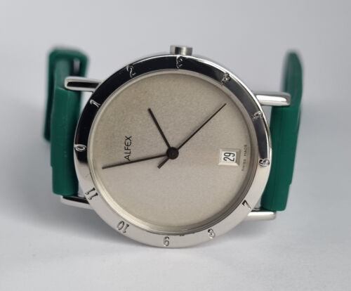 Vintage 1990 Swiss ALFEX 5381 Design Kato Silver Dial Men's Quartz Watch w Day *