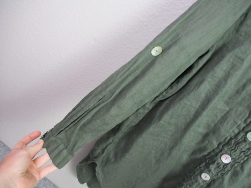 Match Point Linen Top Large Army Green Button Front Long Sleeve Collared Pleated - Picture 7 of 13