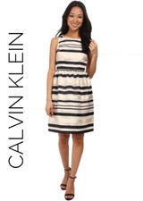  Creme & Black Striped   Fit&Flare Calvin Klein Dressy Dress Sz 6 New $134.
