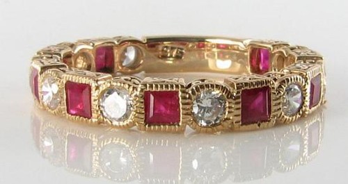 ENGAGEMENT 9K GOLD RUBY DIAMOND BAND FULL ETERNITY ART DECO INS RING Size 7.5 - Picture 6 of 6