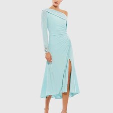 IEENA FOR MAC DUGGAL Powder Blue Foldover Long Sleeve Jeweled Midi Dress,Size 12