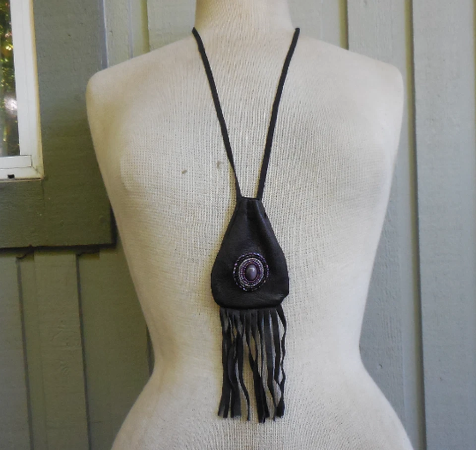 Blue Goldstone Black Buckskin Beaded Fringed Necklace Pouch Gift Medicine Bag