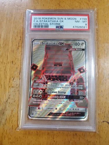 PSA 8 GEM MINT Stakataka GX 159/168 Celestial Storm Full Art Holo Pokémon 2018