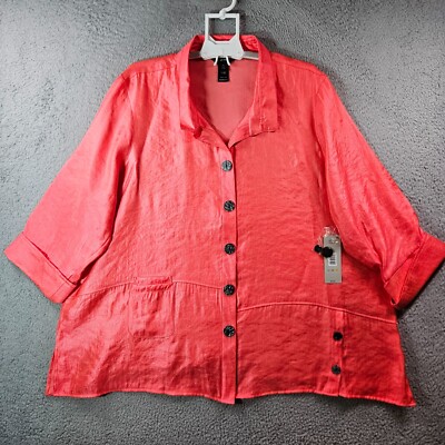 $79 NWT Ali Miles Tunic Shirt Top Women 3X Button Up Shiny Orange 3/4 Sleeve