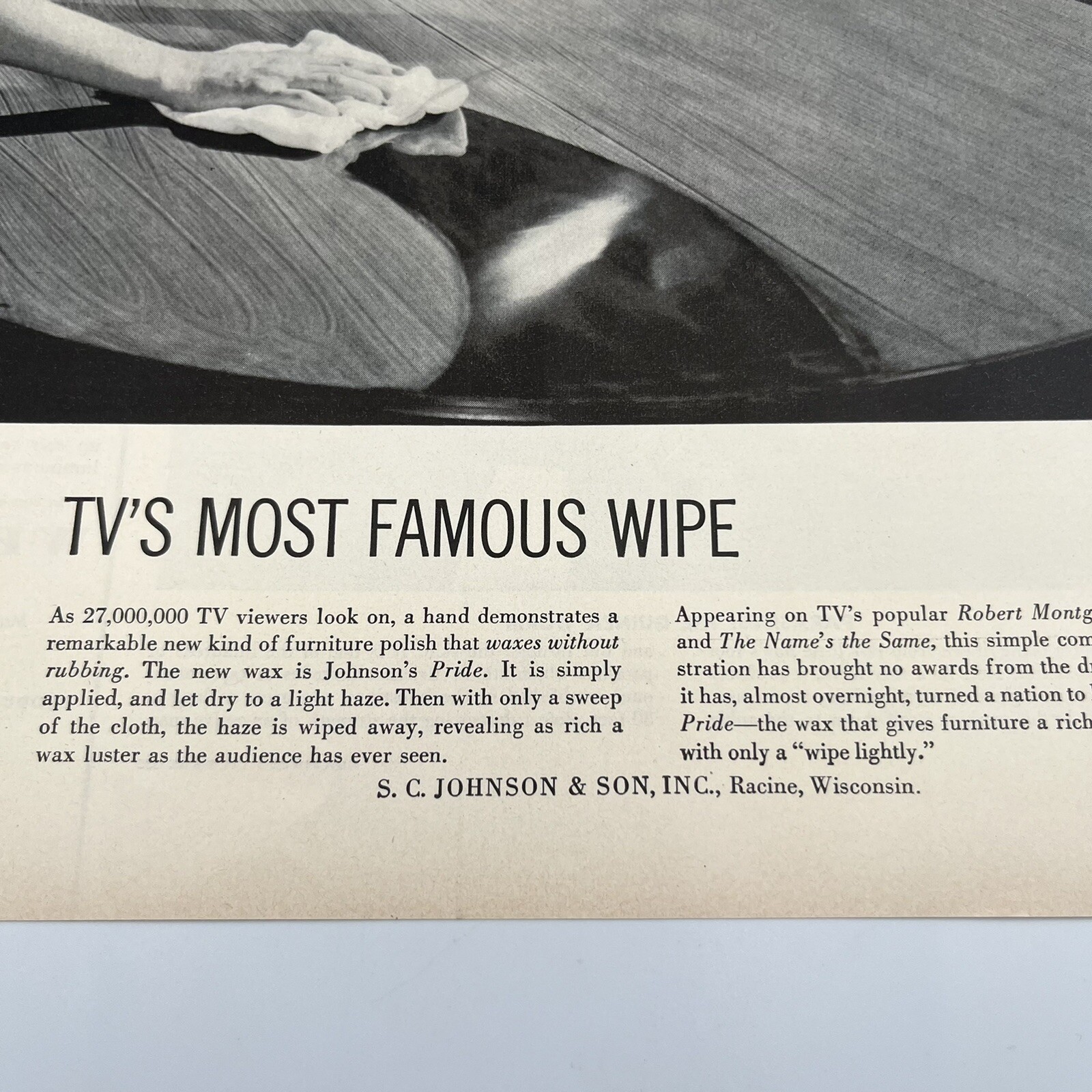 1953 Johnson's Pride Furniture Polish Print Ad 10x14" woman on TV wiping a table