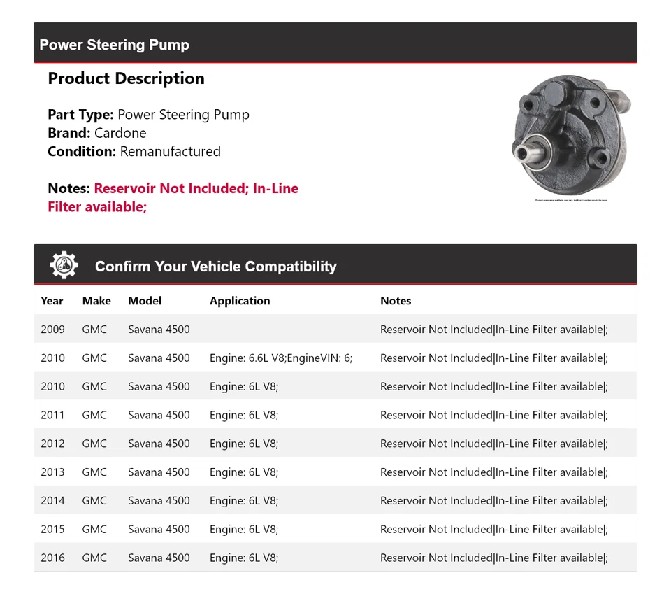 Bomba de direção hidráulica Cardone 2010 2011 2012 2013 para 2009-2016 GMC Savana 4500 - Imagem 2 de 4