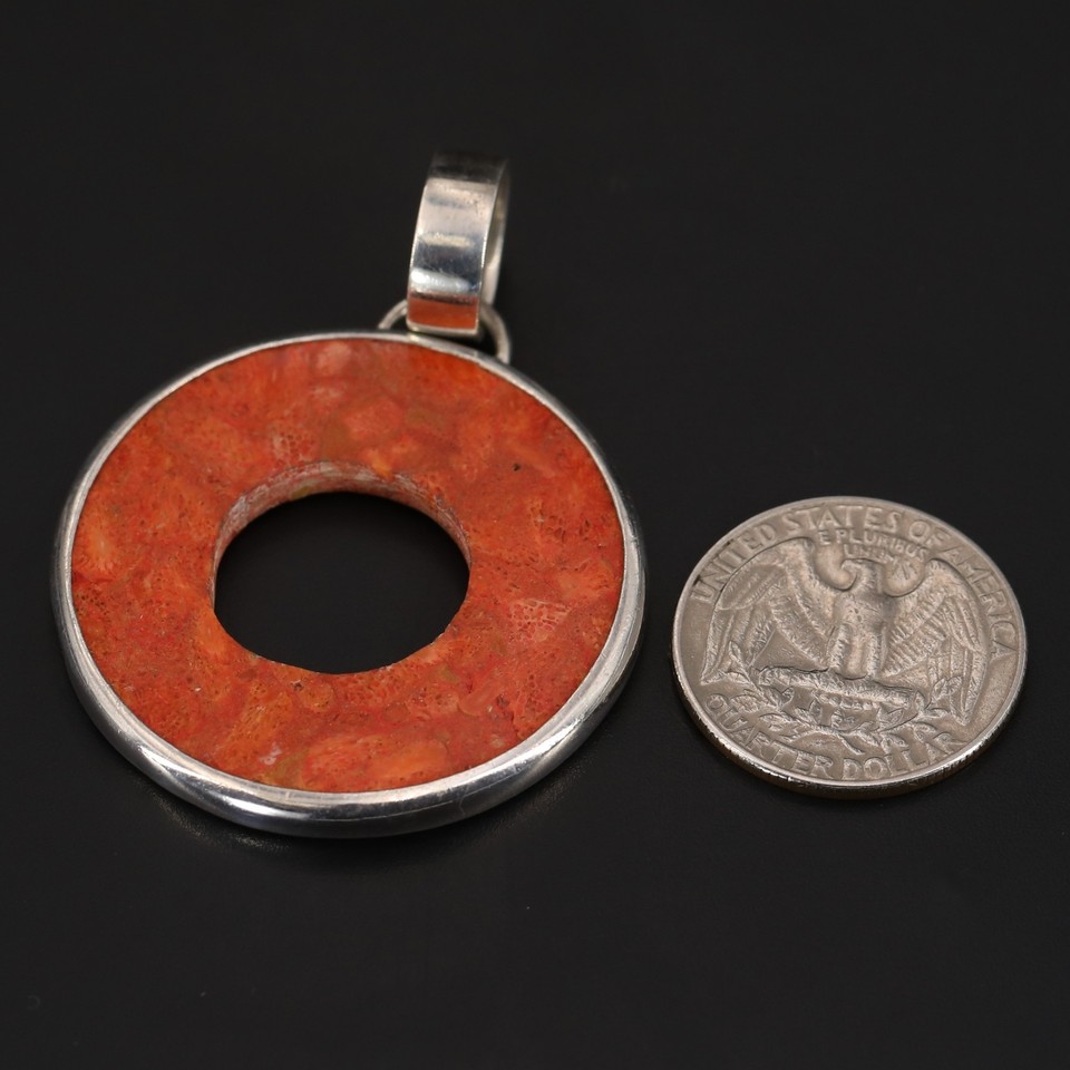 Sterling Silver DESIGNER Coral Inlay Circle OpenWork Necklace