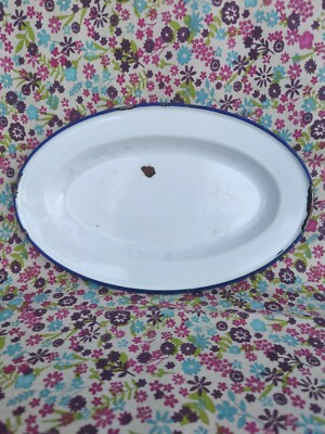 Kleine Retro weiß und blau ovale Servierplatte Platte Vintage Emaille Ware