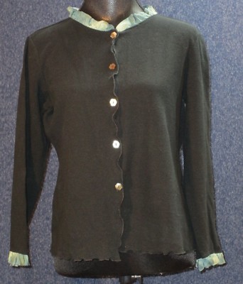 Chalet Medium Black Cardigan with Green Blue Ruffle Neck and Sleeves