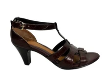 Sofft Heeled Leather T Strap Crocodile Pattern Brown Sandals Womens 7M Casual