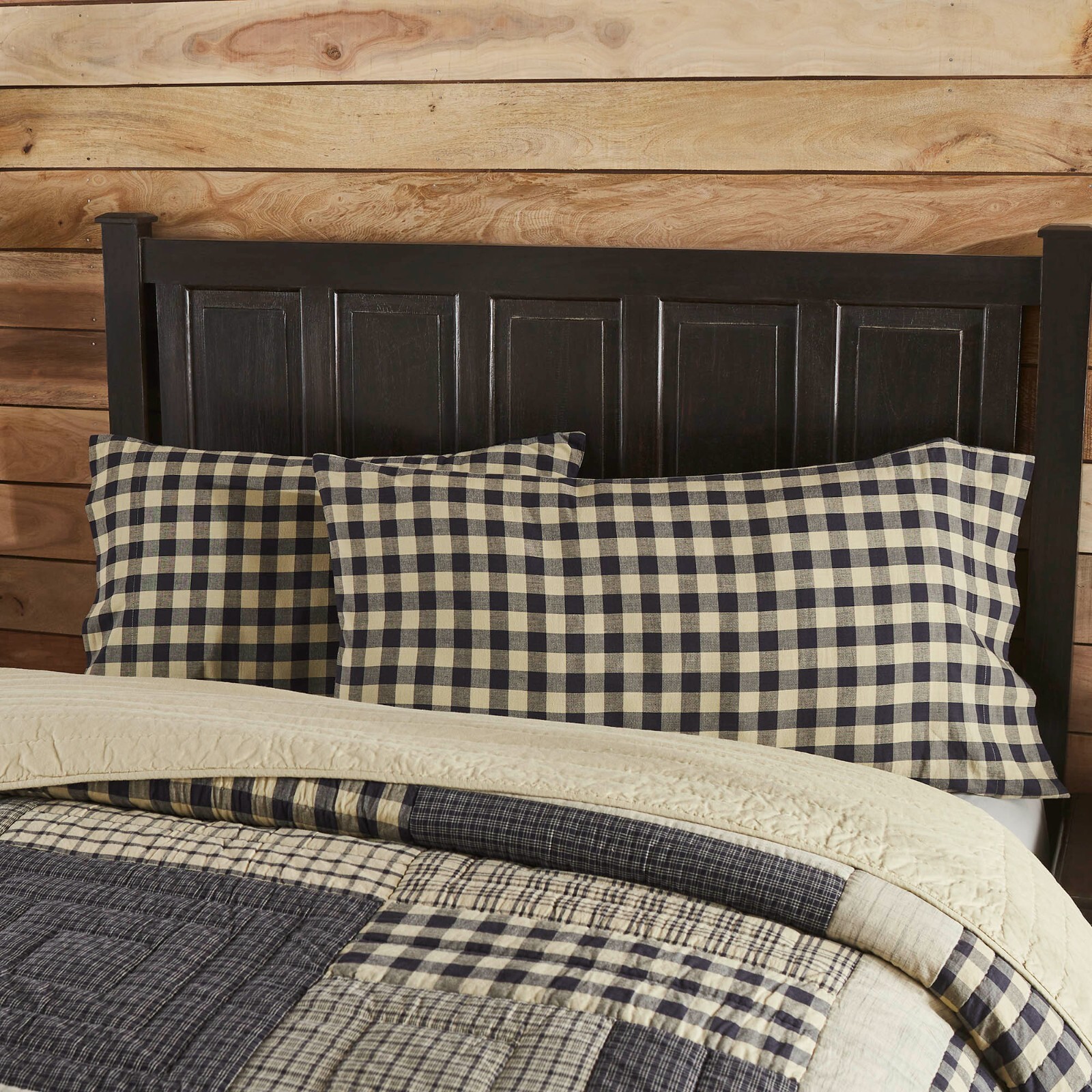 My Country King Pillow Case Set Country VHC Navy Khaki Check 21x40