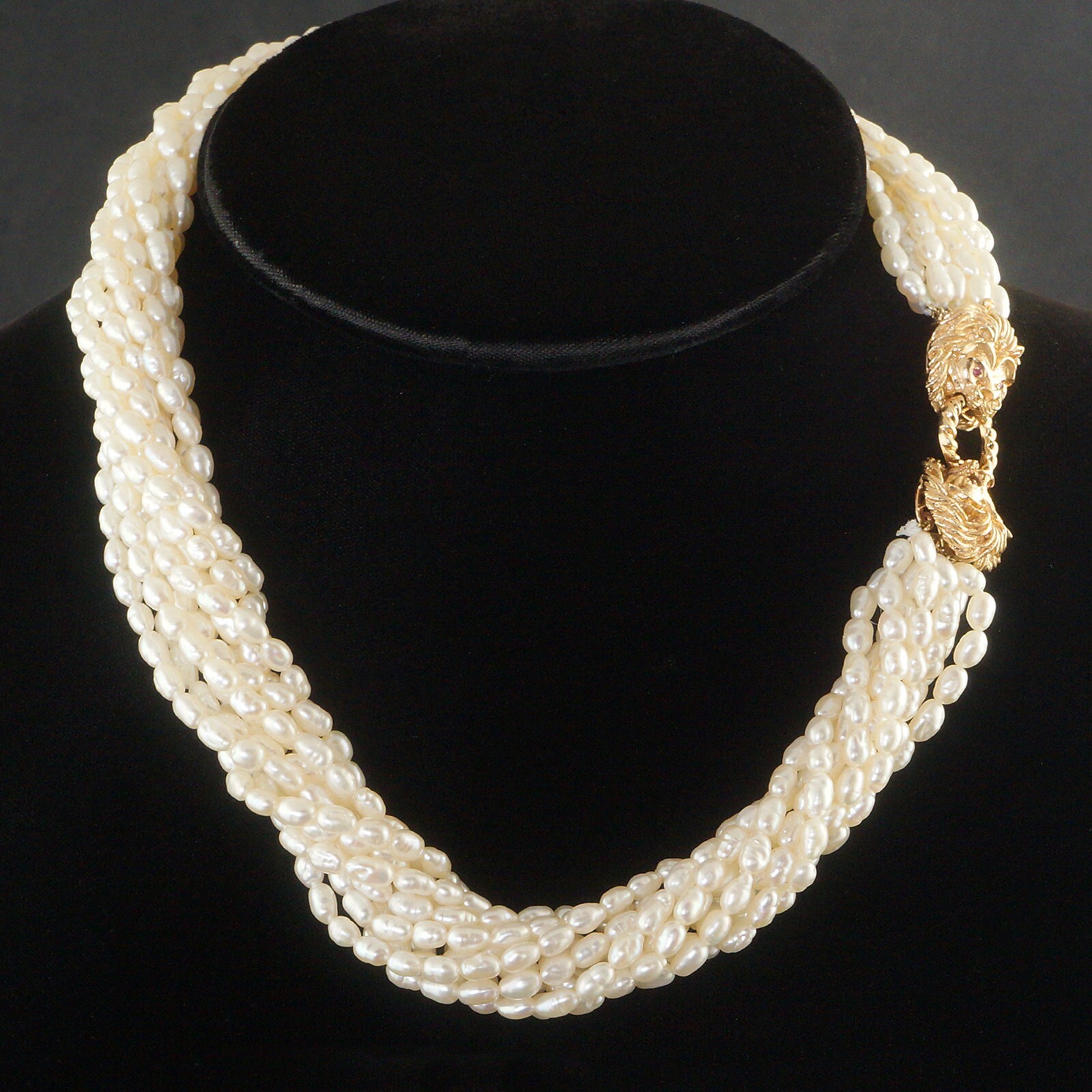 Solid 14K Gold, Ruby Eye Lion Head Multi Strand R… - image 1