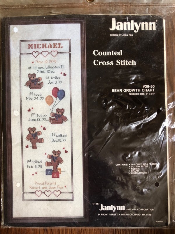 Janlynn Counted Cross Stitch Kit 39-50 Bear Growth Chart Jean Fox Milestones
